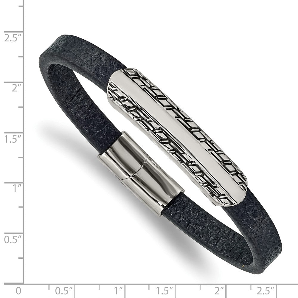 Stainless Steel Antiqued and Polished Navy Blue Leather 8.25in Bracelet 8.25 inches