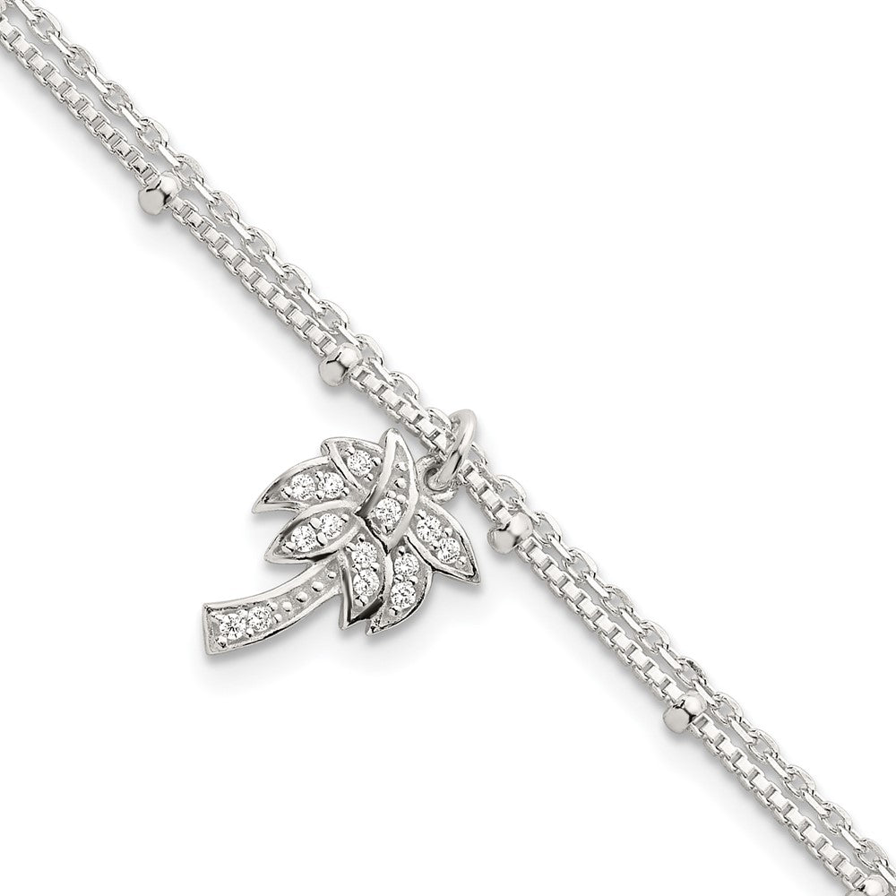 Sterling Silver Polished and Beaded White CZ Palm Tree Dangle Double Strand 7.5 inch Bracelet
