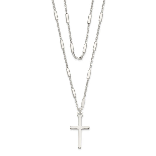 Sterling Silver Fancy Cross Double Strand Necklace 25 Inches