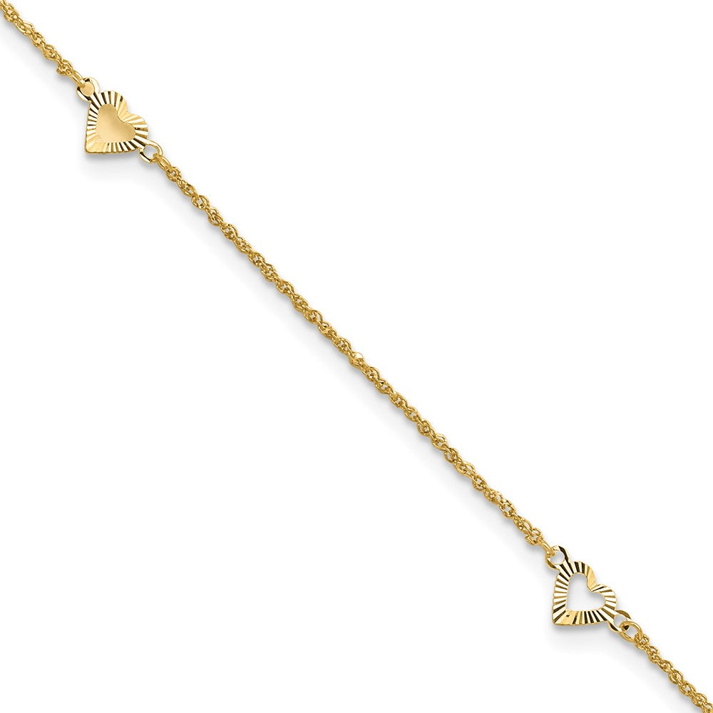 14k Diamond-cut Hearts 9in Plus 1in ext Anklet 10 inches