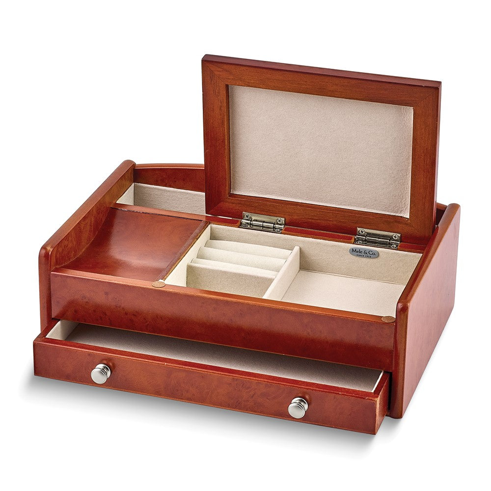 Wooden Dark Burlwood Walnut Finish Suede Lining Dresser Top Valet