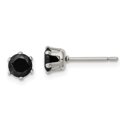 Stainless Steel Polished 5mm Black Round CZ Stud Post Earrings