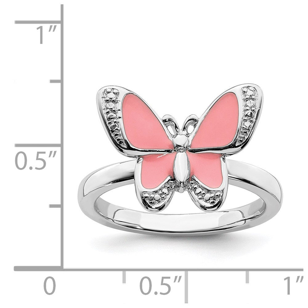 Sterling Silver Stackable Expressions Pink Enamel Butterfly Ring Size -6