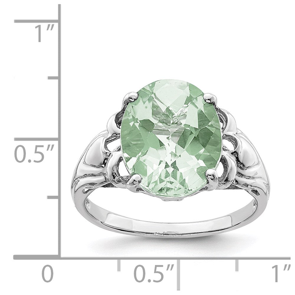 Sterling Silver Rhodium Oval Checker-Cut Green Quartz Ring