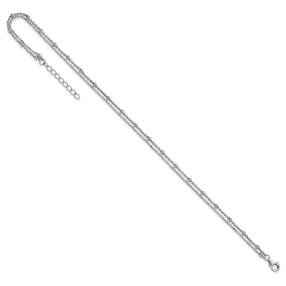Sterling Silver Rhodium-plated Polished and Beaded 2-Strand 9 Inch with 1 Inch Extension Anklet