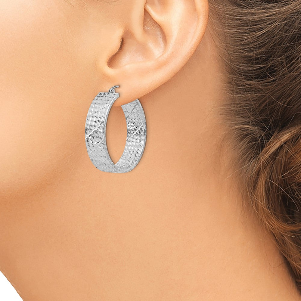 Sterling Silver Rhodium-plated Diamond-cut 7.75x30mm Hoop Earrings