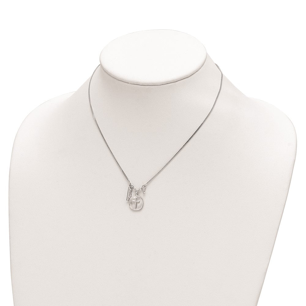 Sterling Silver Rhodium-plated Satin Cross/Hope/CZ w/1.5in Ext Necklace 16 Inches