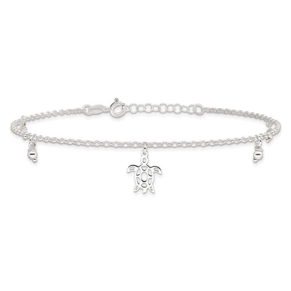 Sterling Silver Turtle Dangle Beads 9in Plus 1in Ext. Anklet 9 inches