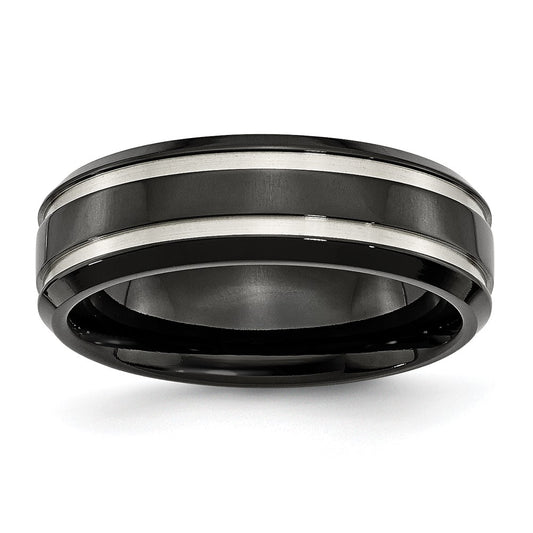 Titanium Brushed and Polished Black IP-plated 7mm Grooved Band Size - 12