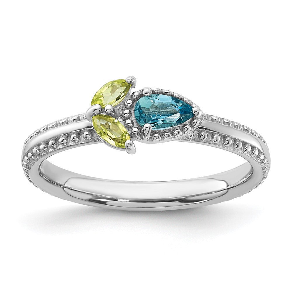 Sterling Silver Stackable Expressions Rhodium-plated Lt Swiss Blue Topaz & Peridot Flower Ring Size -5