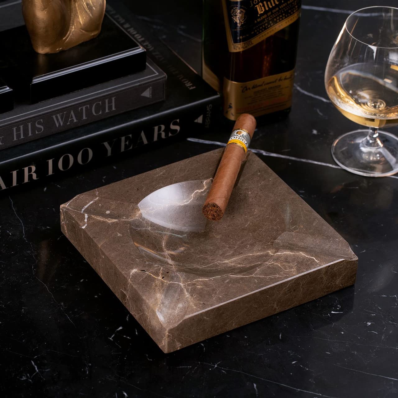 Handcrafted Black Solid Marble Square Cigar Ashtray QGL8463