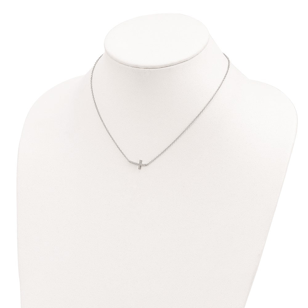 Sterling Silver Rhodium-plated CZ Sideways Cross 16 inch Necklace with 2 inch extension 16 Inches