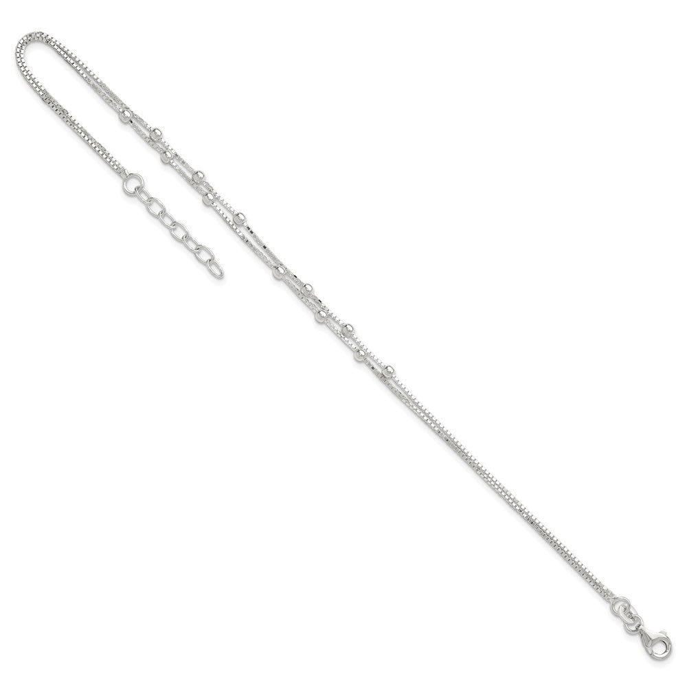 Sterling Silver Polished Beaded 2-strand 9 inch Plus 1 inch ext. Anklet 9 inches
