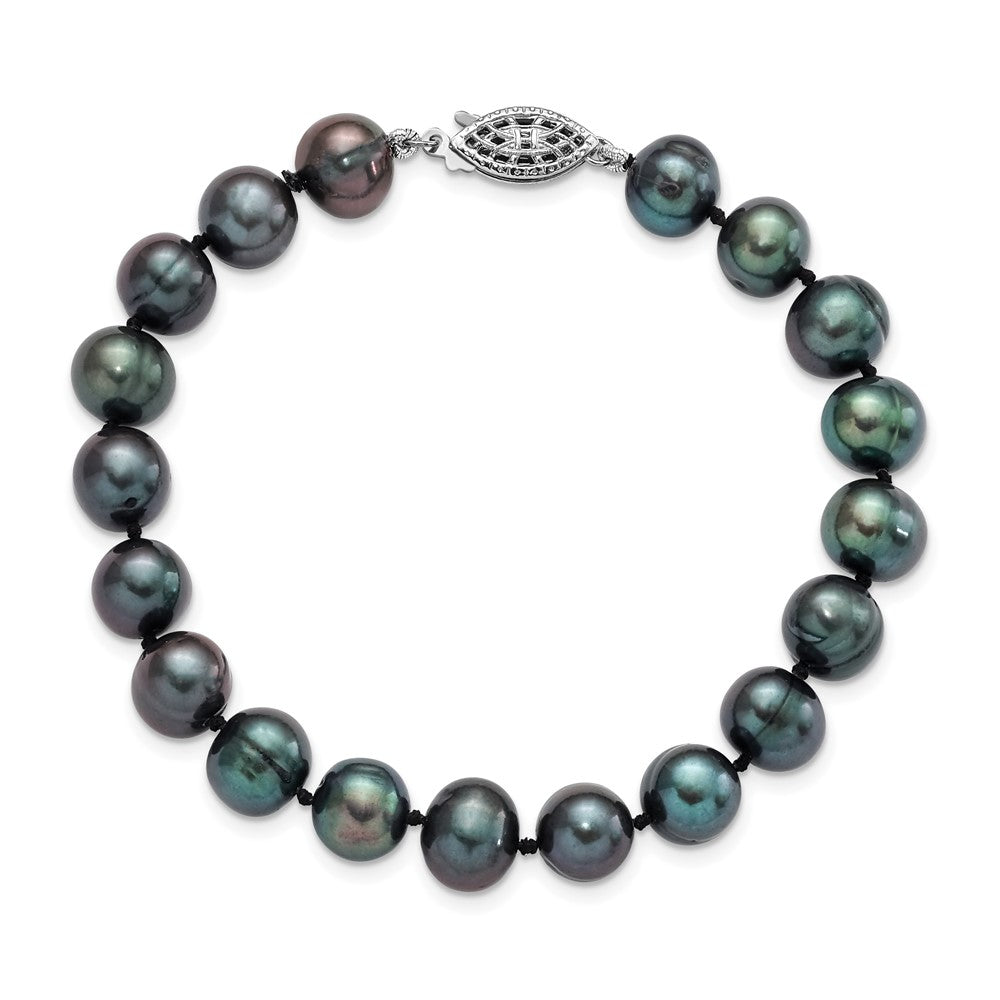 Sterling Silver Rhodium-plated 8-9mm Black Near-Round Freshwater Cultured Pearl 7.25 inch Bracelet 7.25 inches