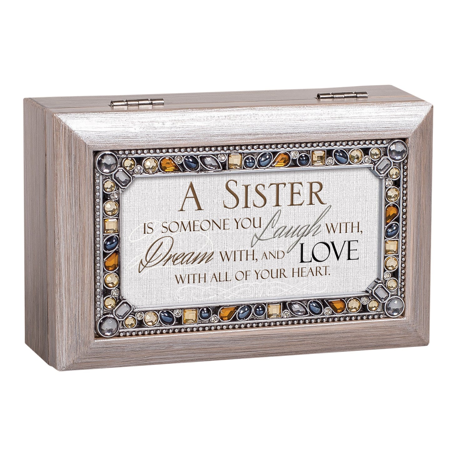Jeweled Woodgrain Resin SISTER Sentiment Music Box (Plays Edelweiss) QGM18594