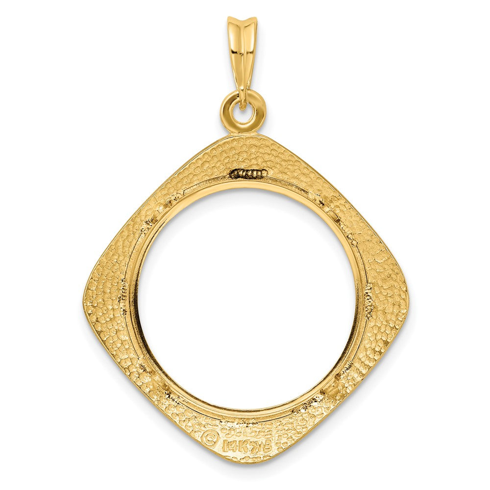 Wideband Distinguished Coin Jewelry 14k Polished Textured and Beaded Diamond Shaped 21.6mm Prong Coin Bezel Pendant