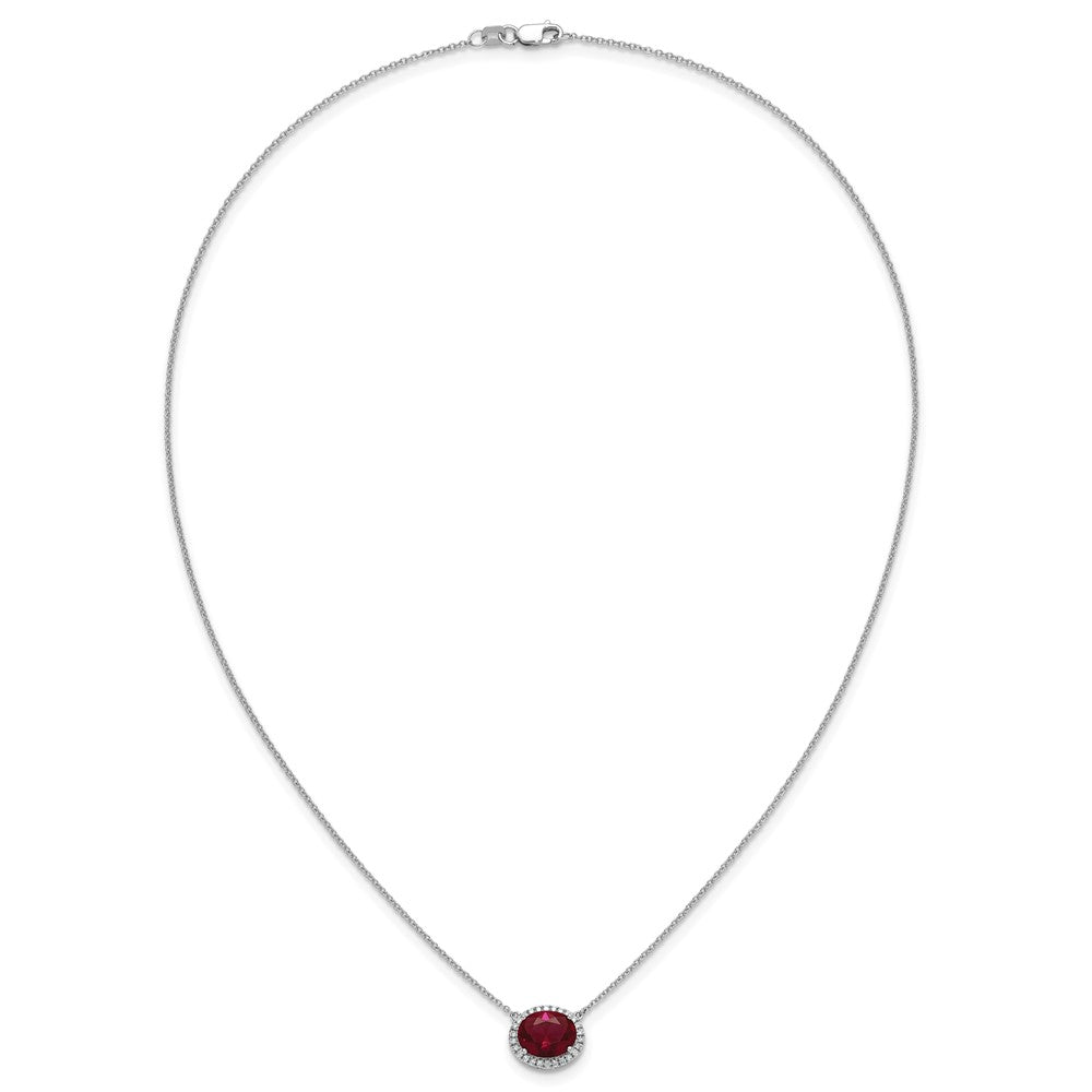 14k White Gold Oval Created Ruby/Diamond 18in. Halo Necklace