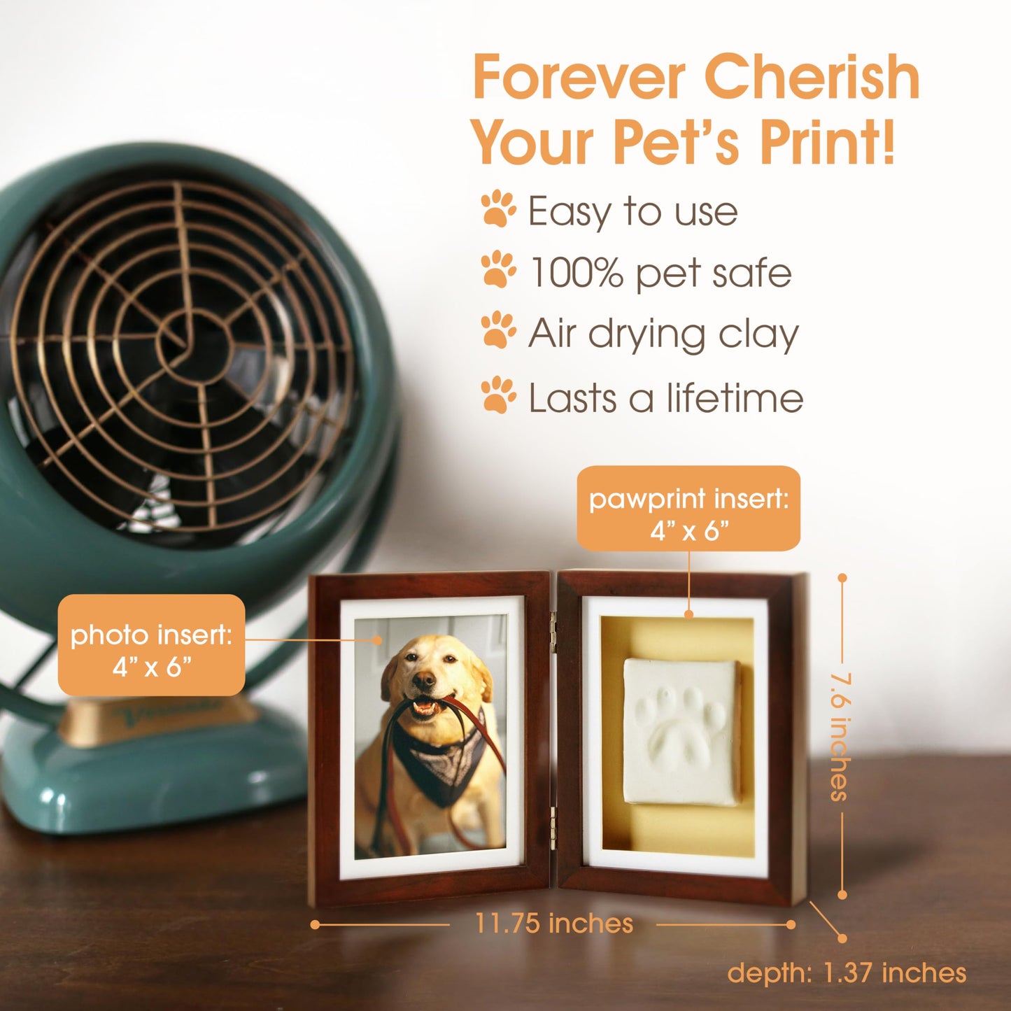 Pearhead Pet Pawprints Wood Tabletop Picture Frame Kit for Dogs and Cats, Brown, 4" x 6"
