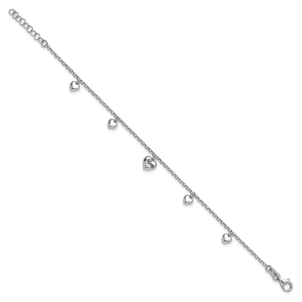 Sterling Silver Rh-plat Heart Enamel Mom Heart 6.5in w/.75in ext Bracelet 7.25 inches