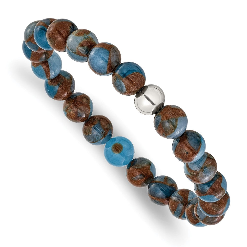 Chisel Stainless Steel Polished 8.5mm Blue and Gold Stone Beaded 6.5 inch Stretch Bracelet