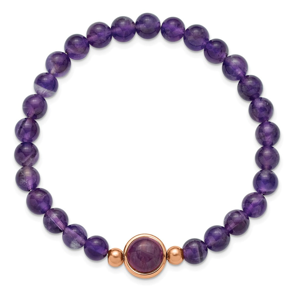 Chisel Stainless Steel Polished Rose IP-plated 6.5mm Amethyst Beaded 7 inch Stretch Bracelet 7 inches