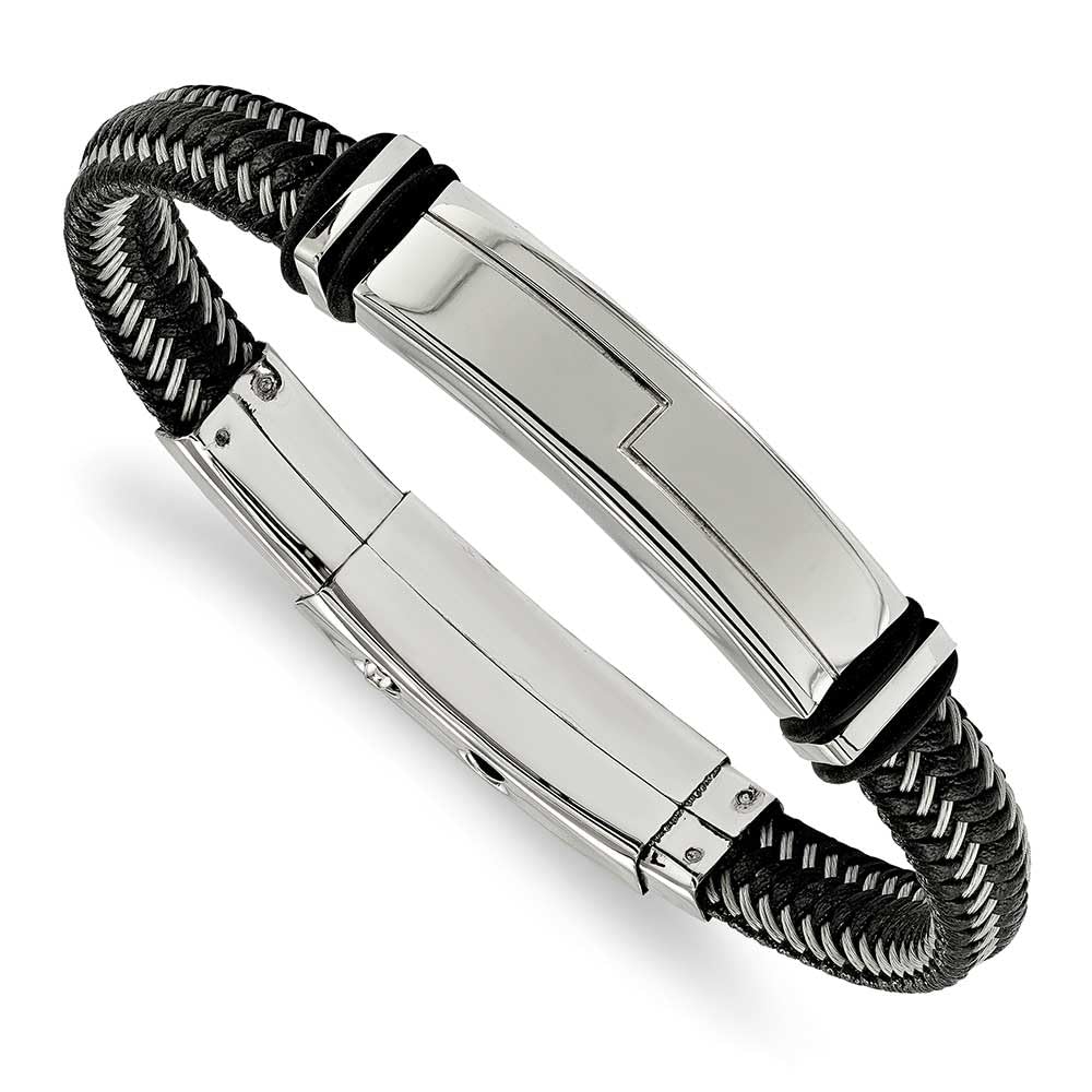 Stainless Steel Polished Blk Leather w/Rubber Adj 8.25-8.75in ID Bracelet