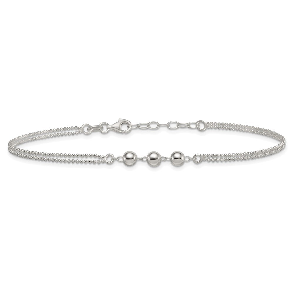 Sterling Silver Polished Beaded Double Strand 9 inch with 1 inch Extension Anklet