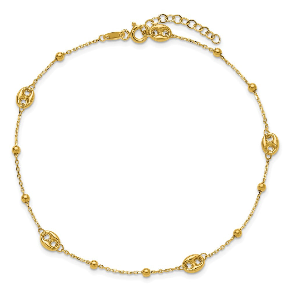 14K Polished Beads Station 9in Plus 1in ext. Anklet