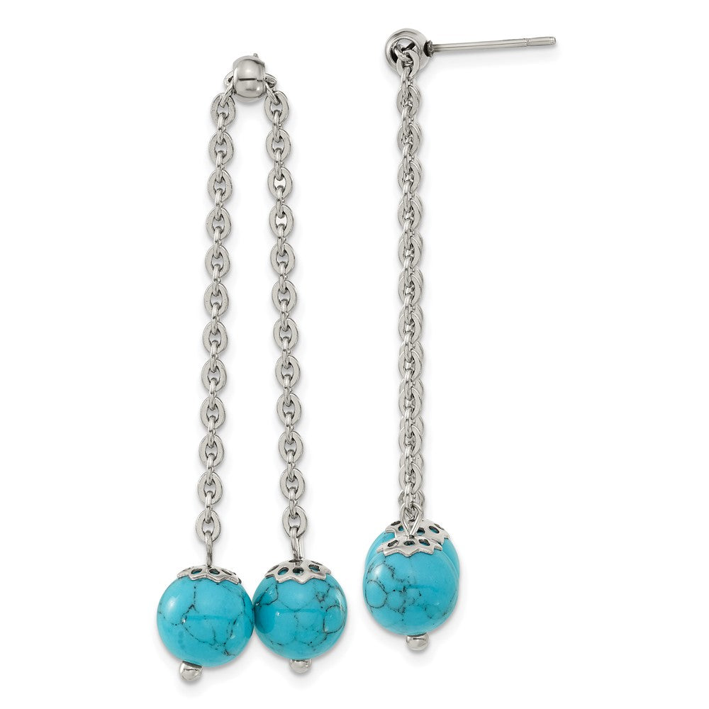 Stainless Steel Polished w/Syn. Turquoise Moveable Dangle Post Earrings