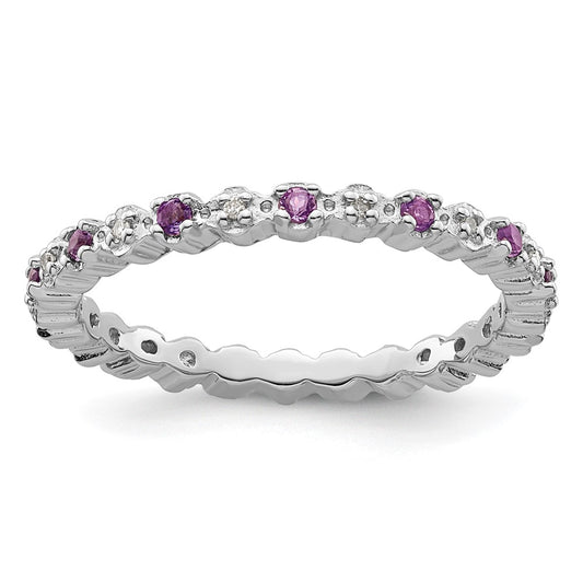 Sterling Silver Stackable Expressions Amethyst & Diamond Ring Size -8
