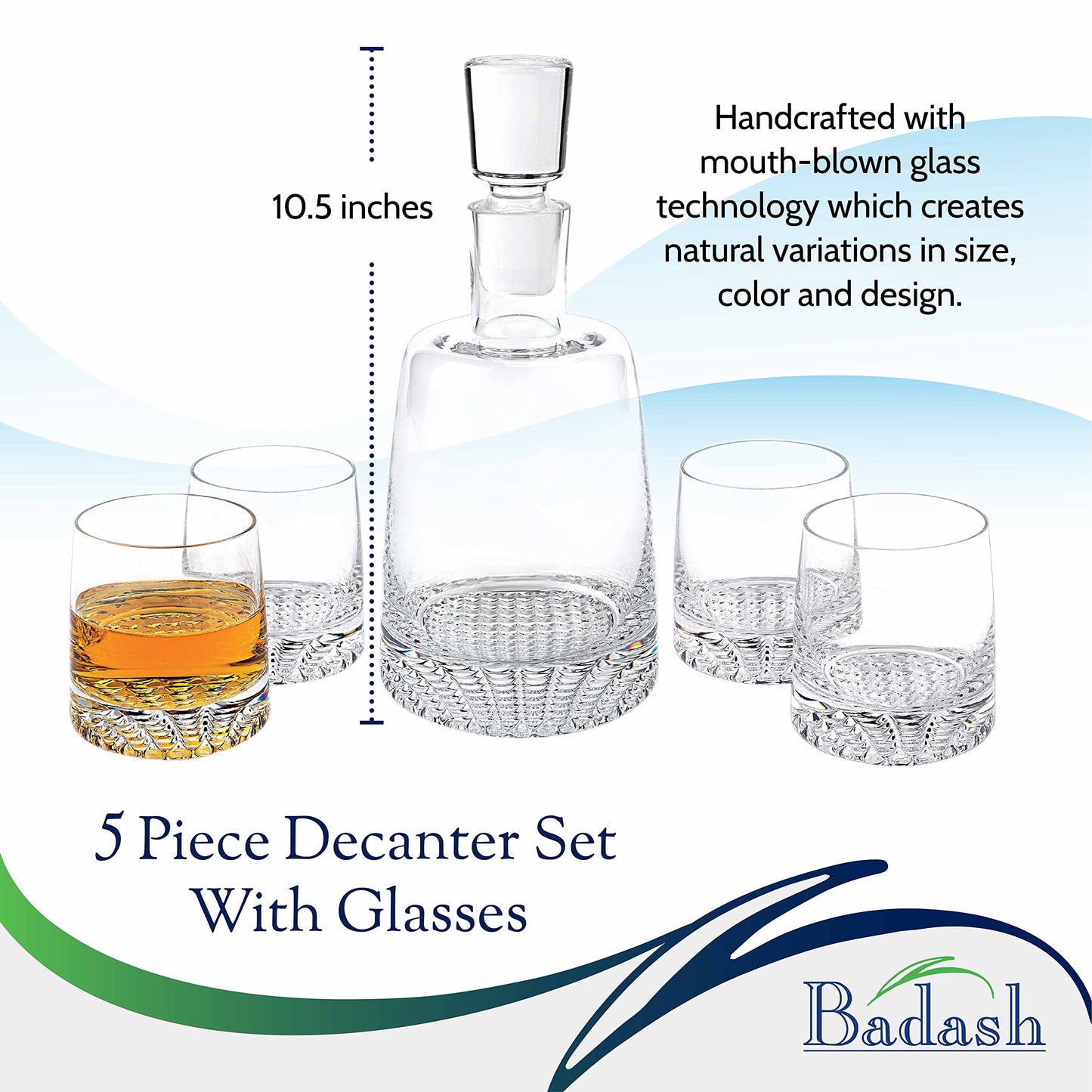Badash Crystal Park Avenue European Mouth Blown 5 Piece Decanter & Rock Glasses Set (K830)