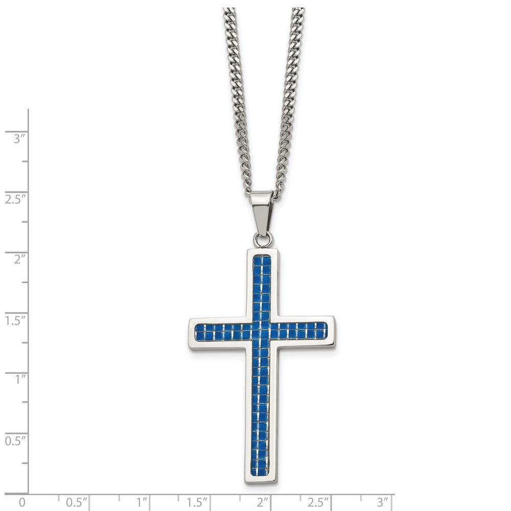 Stainless Steel Polished w/Blue Carbon Fiber Inlay Cross 22in Necklace