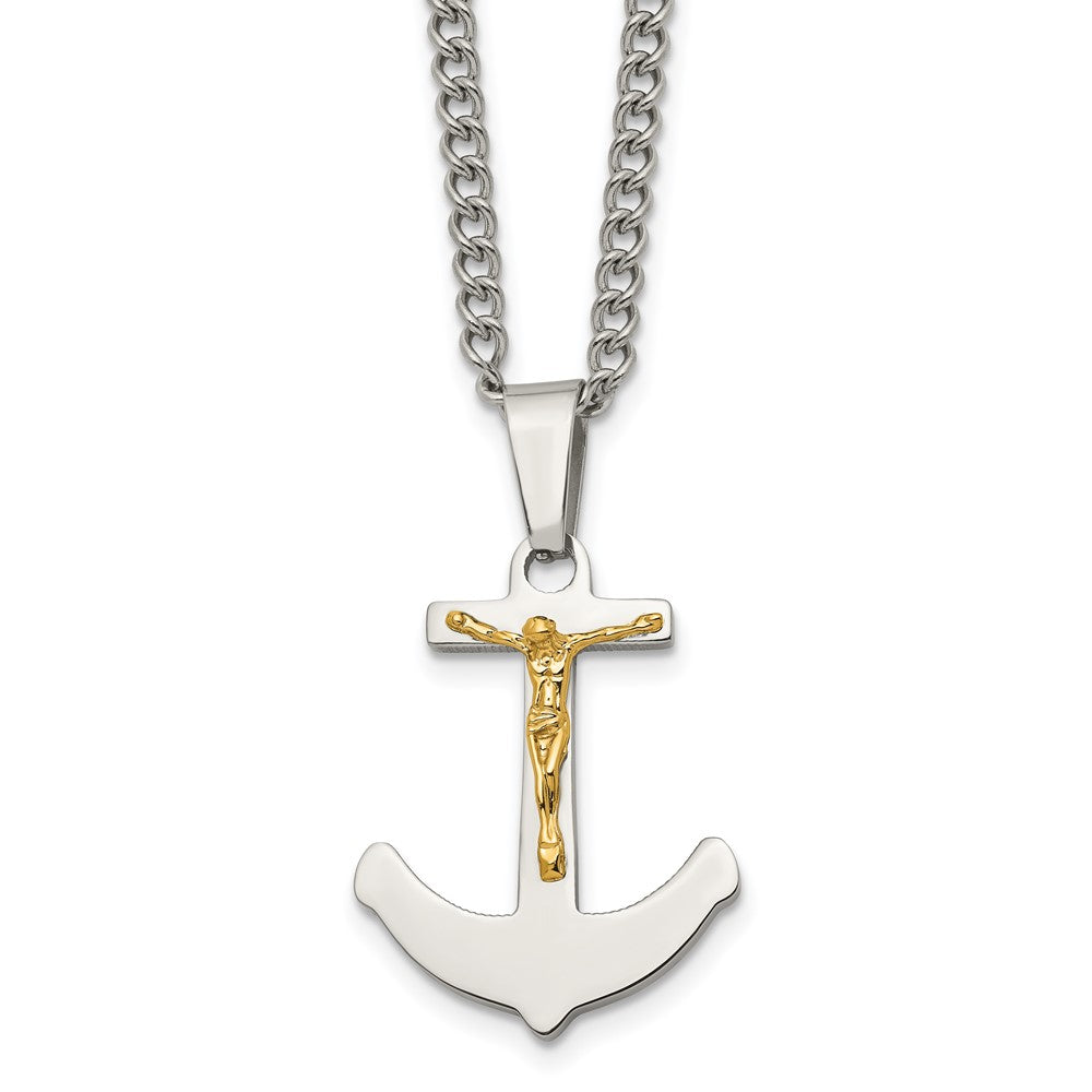 Stainless Steel Polished w/14k Gold Crucifix Anchor 24in Necklace