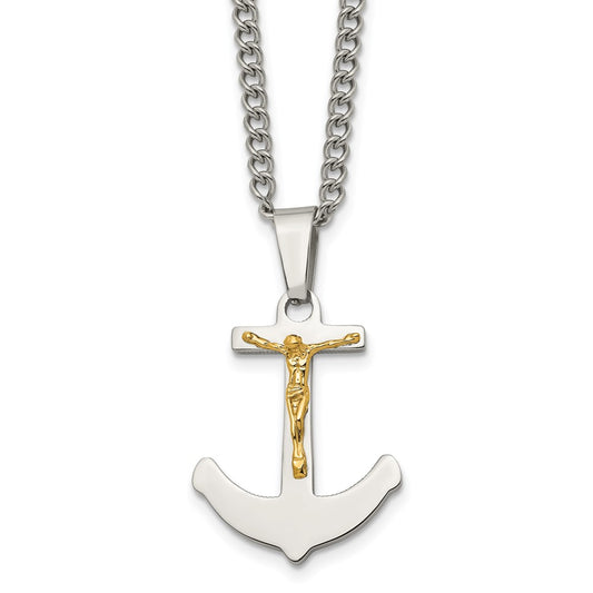 Stainless Steel Polished w/14k Gold Crucifix Anchor 24in Necklace