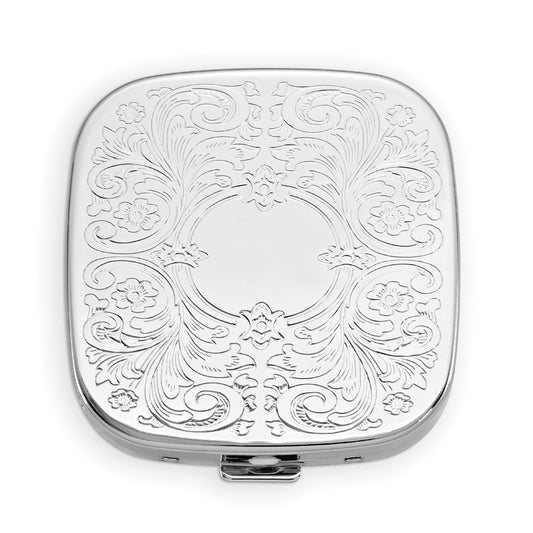 Set of 2 Square-Shaped Pocket Purse Pill Box With Mirror (Silver Etched Victorian Print - Engraveable)