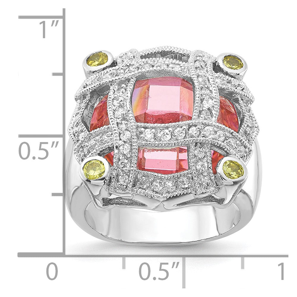 Sterling Silver Pink Glass & CZ Ring