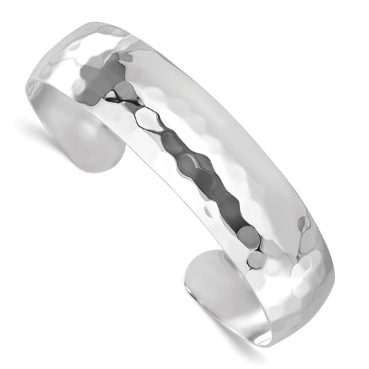 Sterling Silver RH-plated Polished Hammered Slip-on Bangle