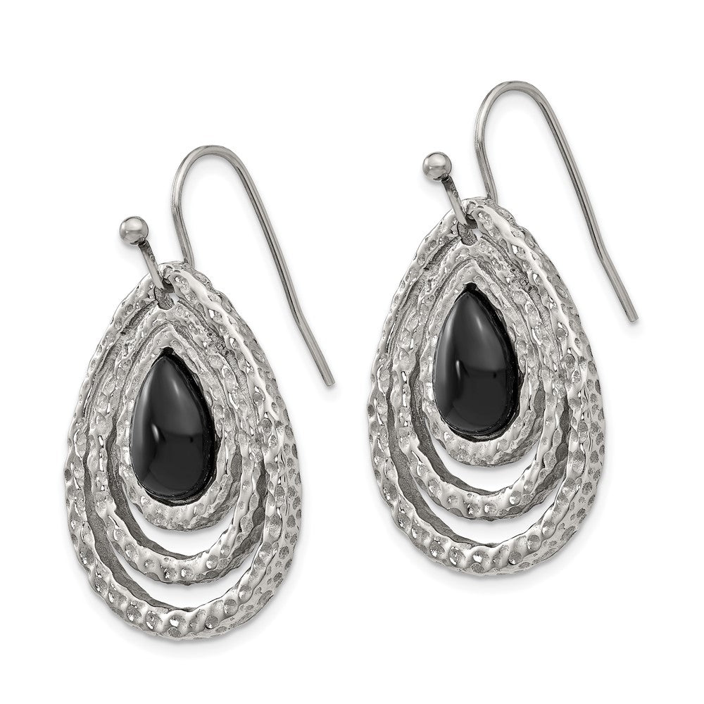 Stainless Steel Polished & Textured Black Onyx Shepherd Hook Earrings