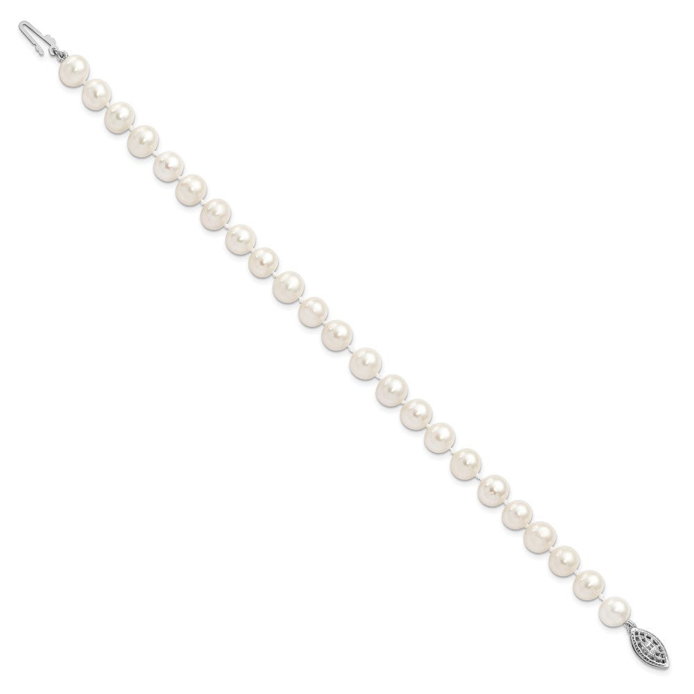 Sterling Silver Rhodium-plated 7-8mm White Near-Round Freshwater Cultured Pearl 7.25 inch Bracelet 7.25 inches