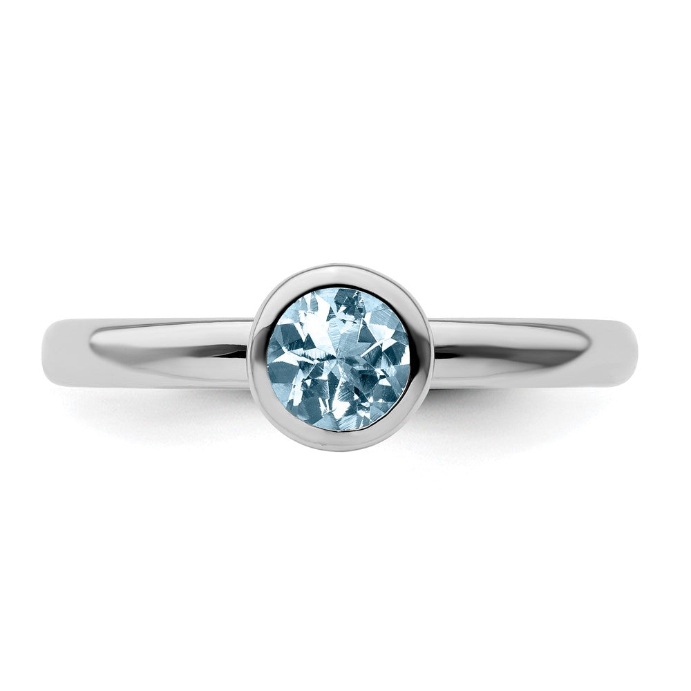 Sterling Silver Stackable Expressions Low 5mm Round Aquamarine Ring Size -9