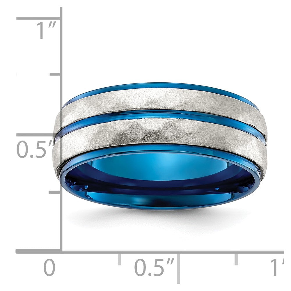 Chisel Stainless Steel Polished and Sand-blasted Faceted Blue IP-plated 8mm Band Size - 12.5