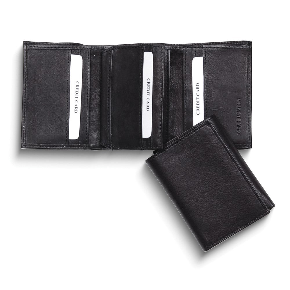 Black Leather Center Flap Trifold 4-Slot Wallet with Leather Lining and 2 ID Windows