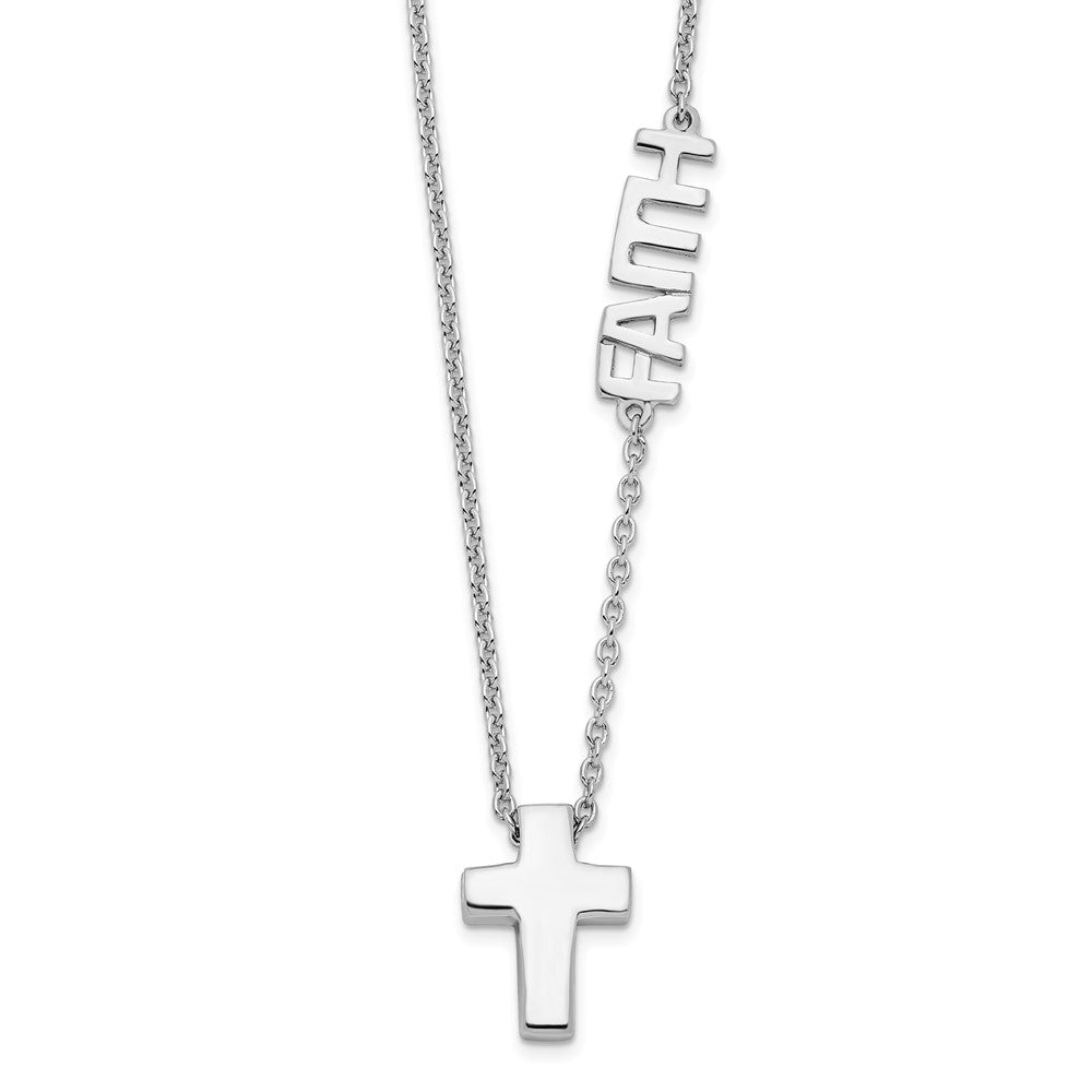 Sterling Silver Rhodium-plated FAITH w/Cross Necklace 18 Inches