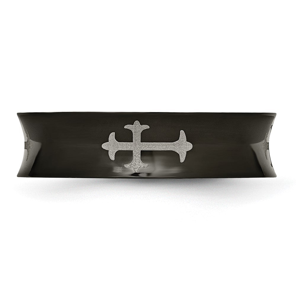 Stainless Steel Polished Black IP-plated Cross 6mm Concave Band Size - 8.5