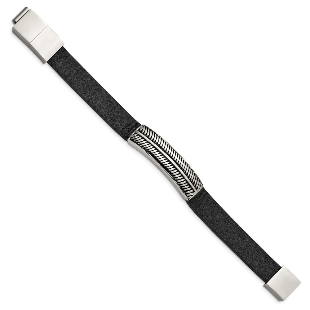 Stainless Steel Antiqued and Polished Black Leather w/.5in ext 8in Bracelet 8 inches