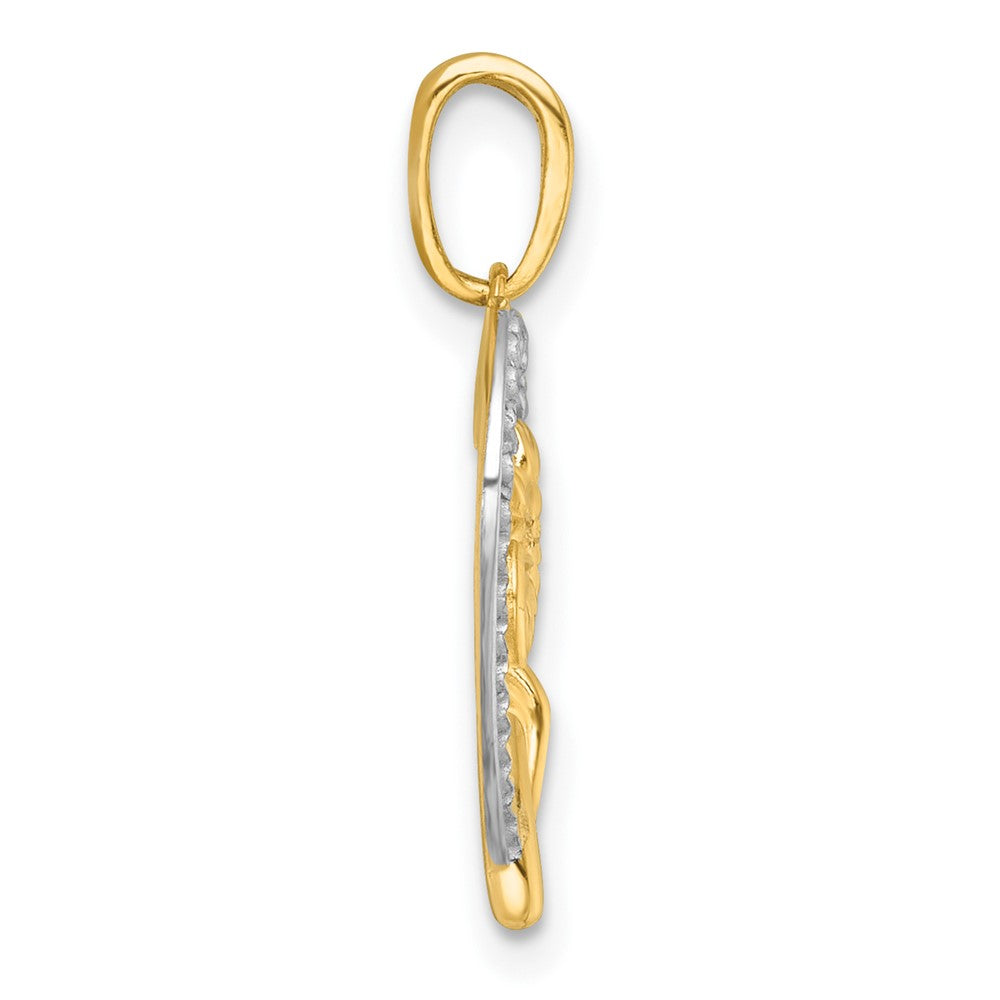 14k with White Rhodium Polished Flower On Heart Pendant
