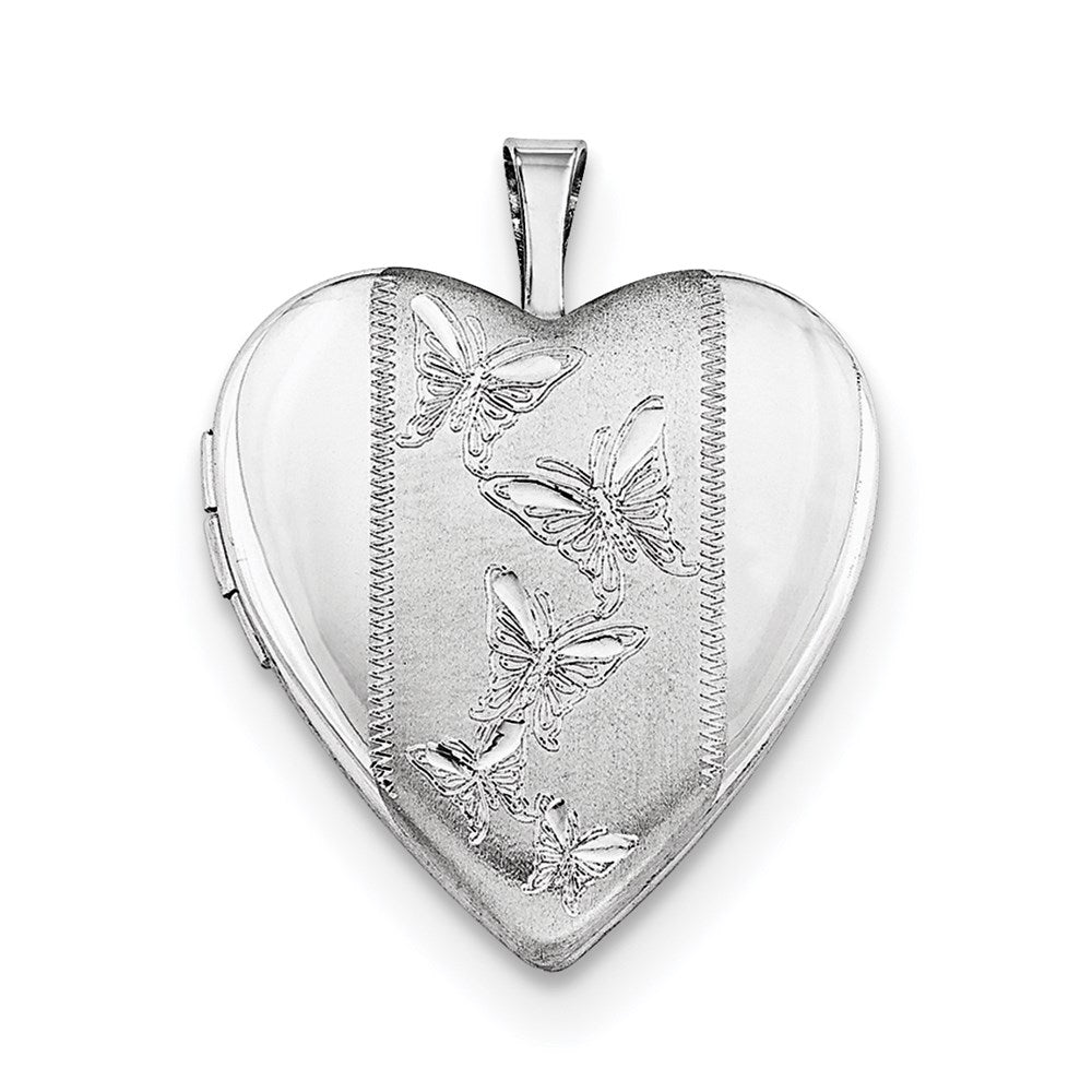 Sterling Silver Rhodium-plated 20mm Butterflies Heart Locket Necklace 18 Inches