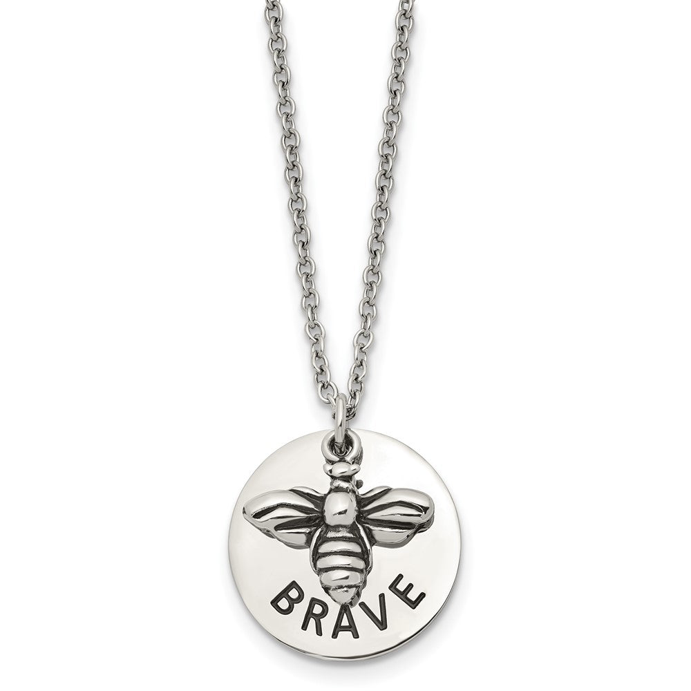 Stainless Steel Polished and Enameled Bumble Bee BRAVE 22in Necklace
