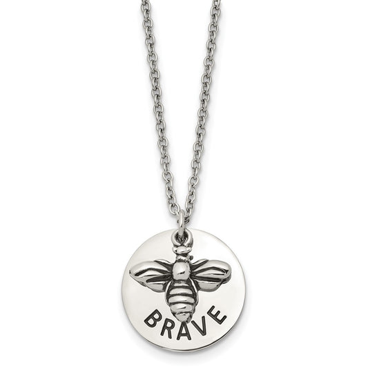 Stainless Steel Polished and Enameled Bumble Bee BRAVE 22in Necklace