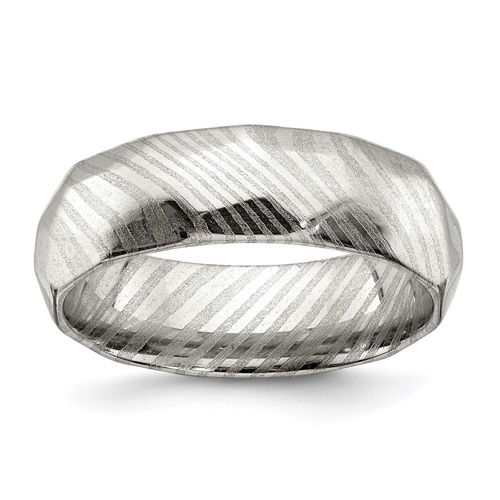 Damascus Steel Polished Faceted 7mm Band Size - 12.5